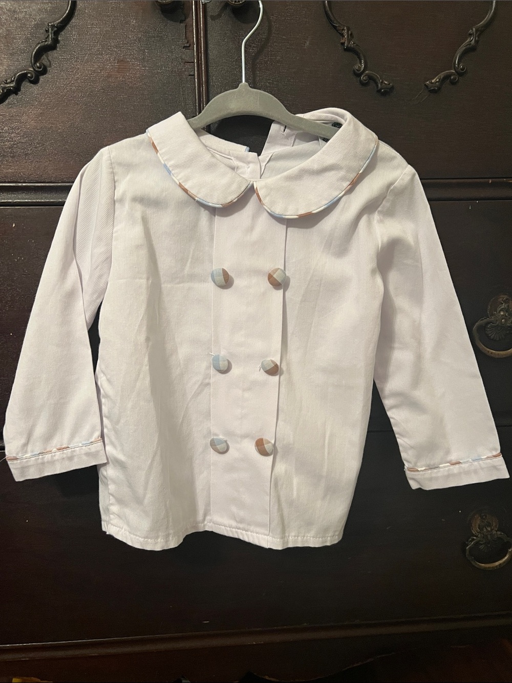 Cecil & Lou Textured White Top with Blue and Brown Check Buttons